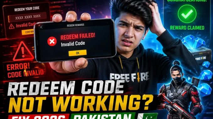 Free Fire redeem code not working in Pakistan 2026 fix guide showing error message on mobile screen with frustrated player