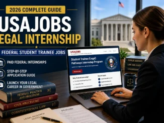 Law student applying for Student Trainee Legal internship on USAJOBS website with federal government building background and legal documents on desk