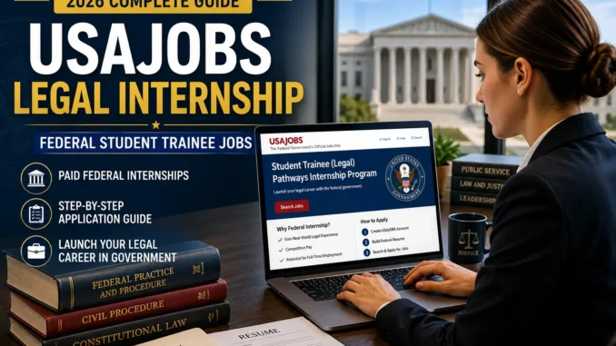 Law student applying for Student Trainee Legal internship on USAJOBS website with federal government building background and legal documents on desk