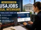 Law student applying for Student Trainee Legal internship on USAJOBS website with federal government building background and legal documents on desk
